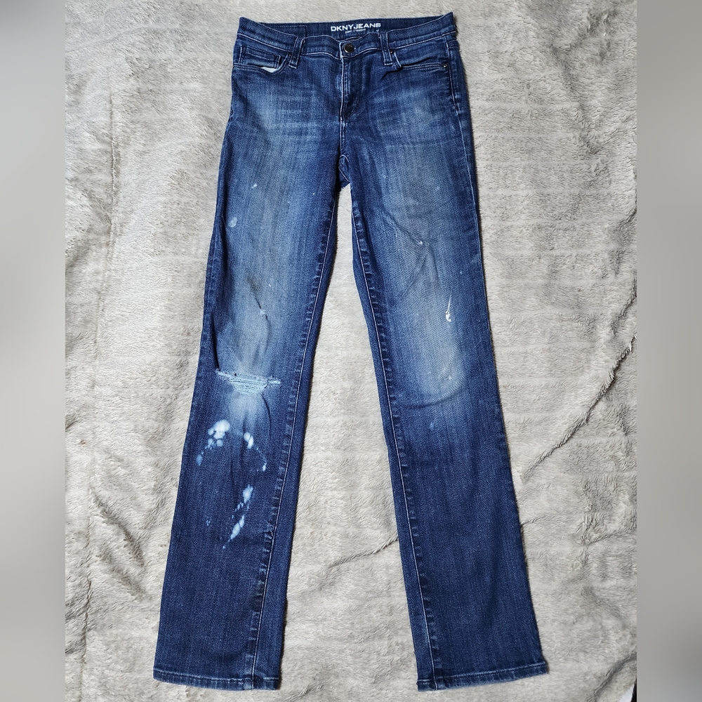 DKNY SOHO Straight Leg Distressed Bleach Splattered Mod Rise Jeans